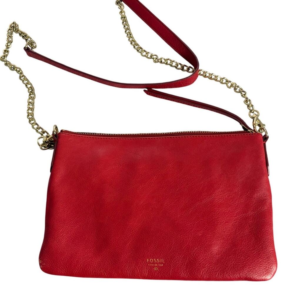 Fossil Red Leather Crossbody Bag Gold Chain Strap Zip Top Shoulder Purse Travel